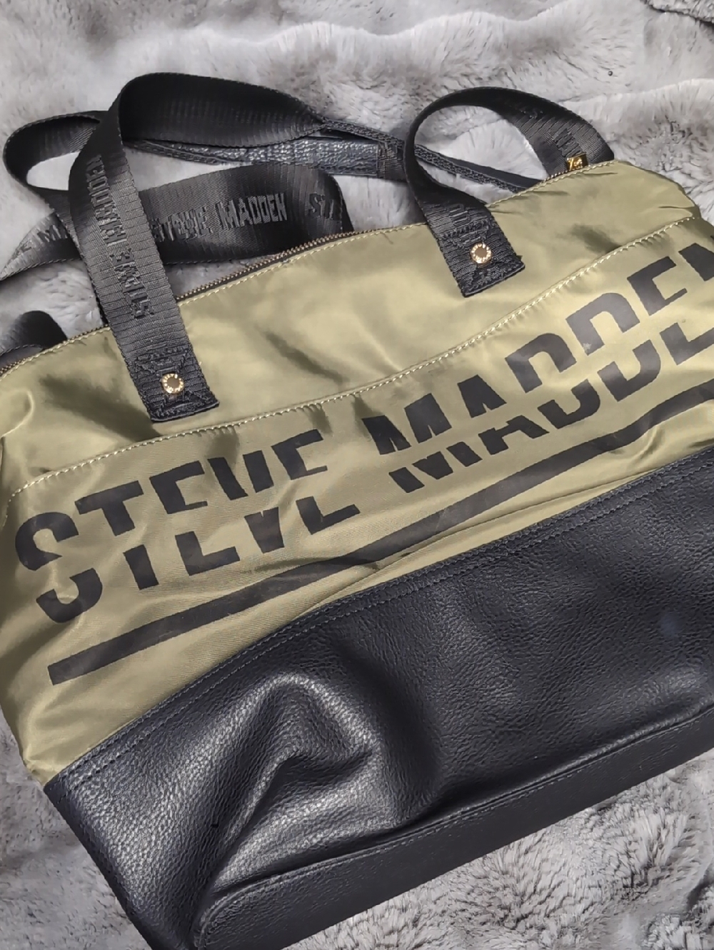Steve Madden Olive and Black Duffel Bag with Bold Logo
